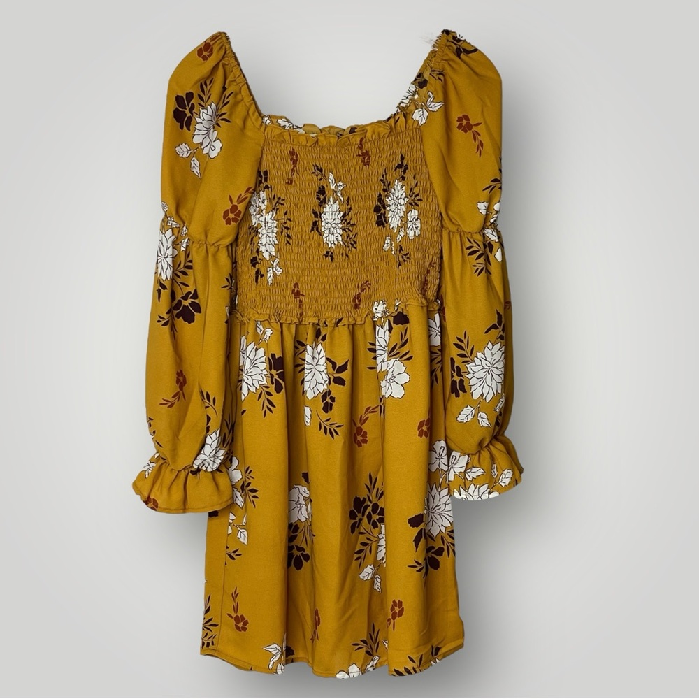 Inspired Hearts Mustard Yellow Floral Smocked Knee Length‎ Womens Medium